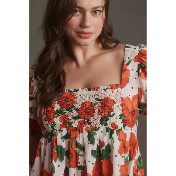 Maeve Anthropologie Red Poppy Floral Babydoll Mini Dress Puff Sleeve Large - Picture 2 of 16